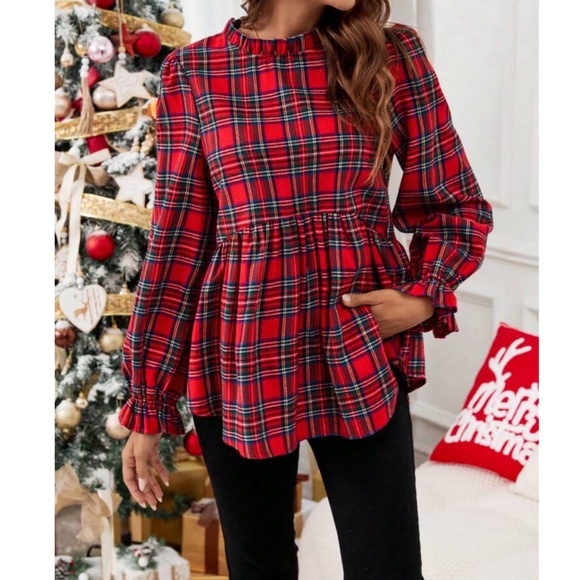 Red Plaid Ruffle Hem Flare Sleeve Tartan Long Sleeve Peplum Top - Picture 5 of 5